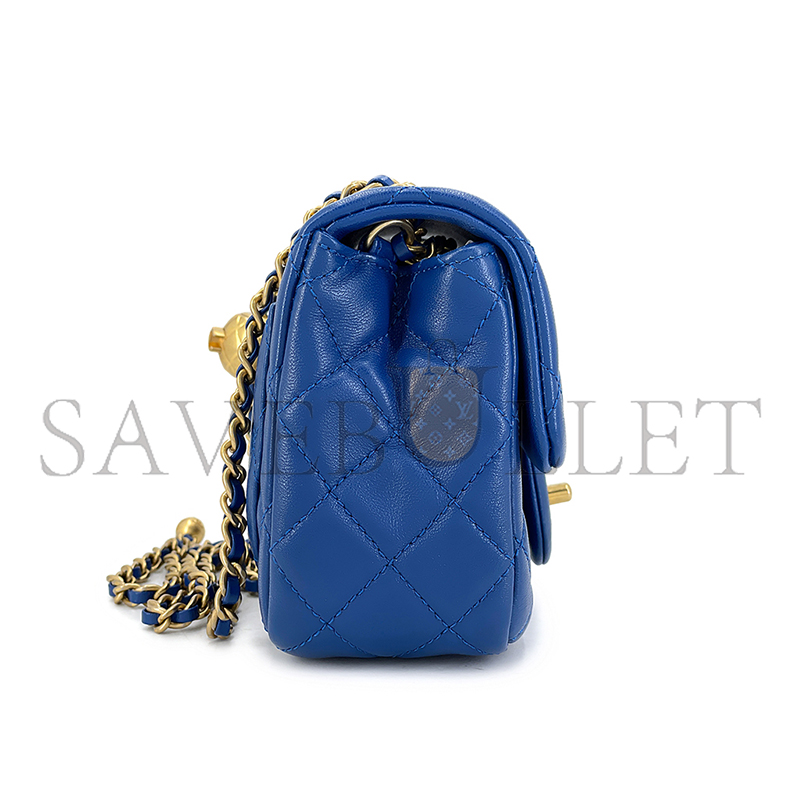 CHANEL BLUE QUILTED LAMBSKIN PEARL CRUSH SQUARE MINI FLAP BAG AGED GOLD HARDWARE AS1786 8326 (18*13*7cm)